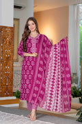 Women’s Pink Ethnic Printed Pure Cotton Kurta Set with Trousers & Dupatta