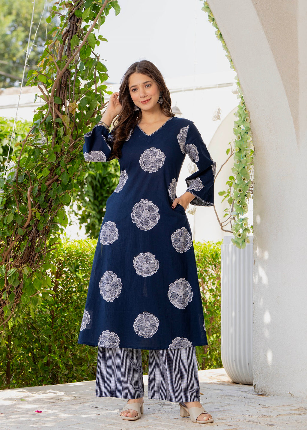 Blue Floral Motif Cotton Kurta Palazzo Set
