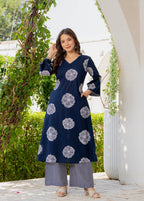 Blue Floral Motif Cotton Kurta Palazzo Set