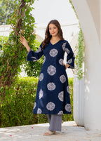 Blue Floral Motif Cotton Kurta Palazzo Set