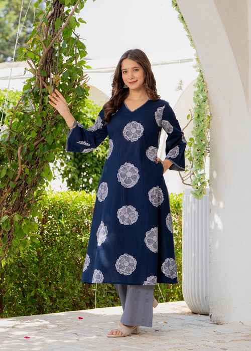 Blue Floral Motif Cotton Kurta Palazzo Set