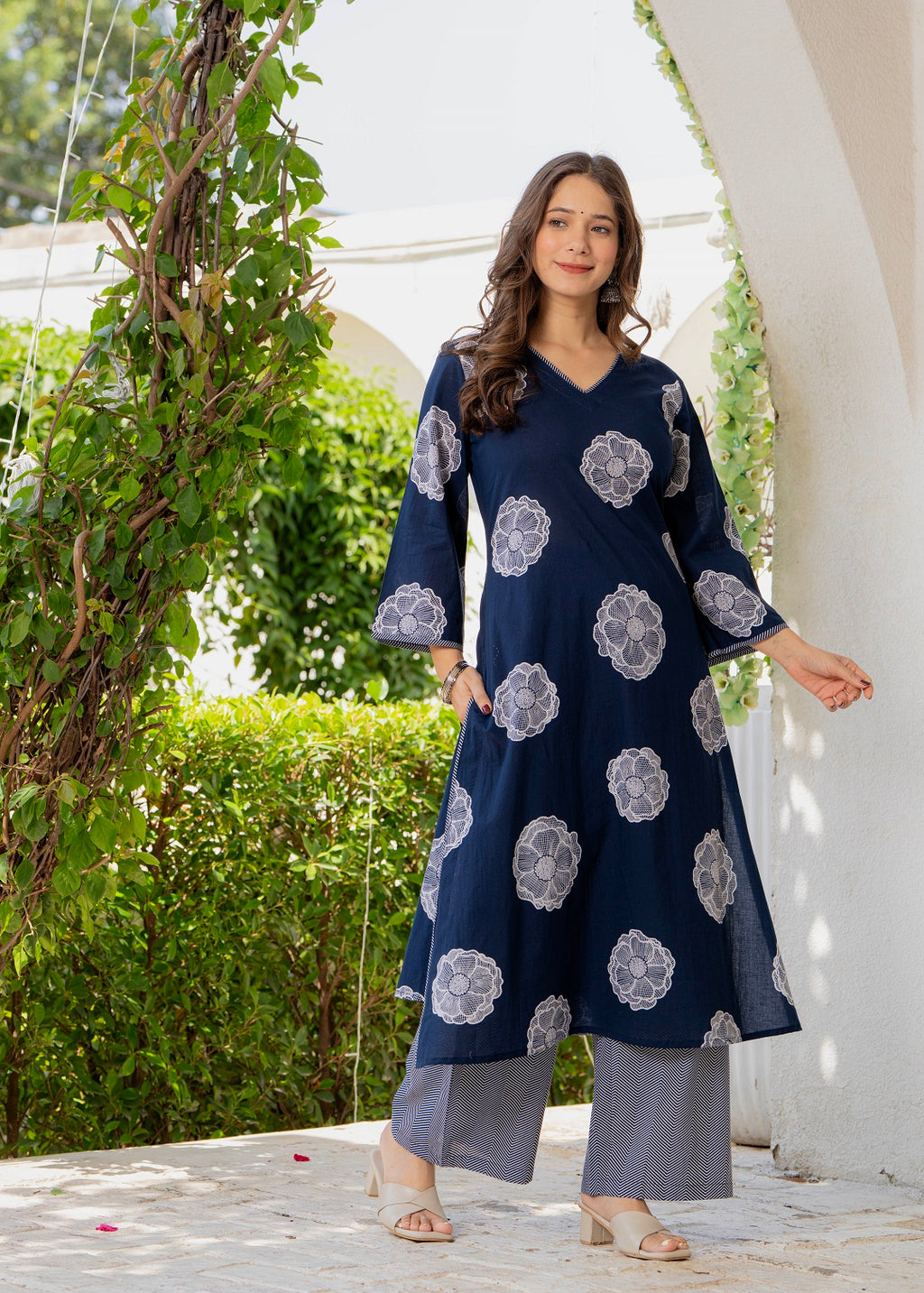 Blue Floral Motif Cotton Kurta Palazzo Set