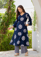 Blue Floral Motif Cotton Kurta Palazzo Set