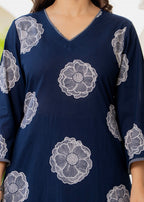 Blue Floral Motif Cotton Kurta Palazzo Set
