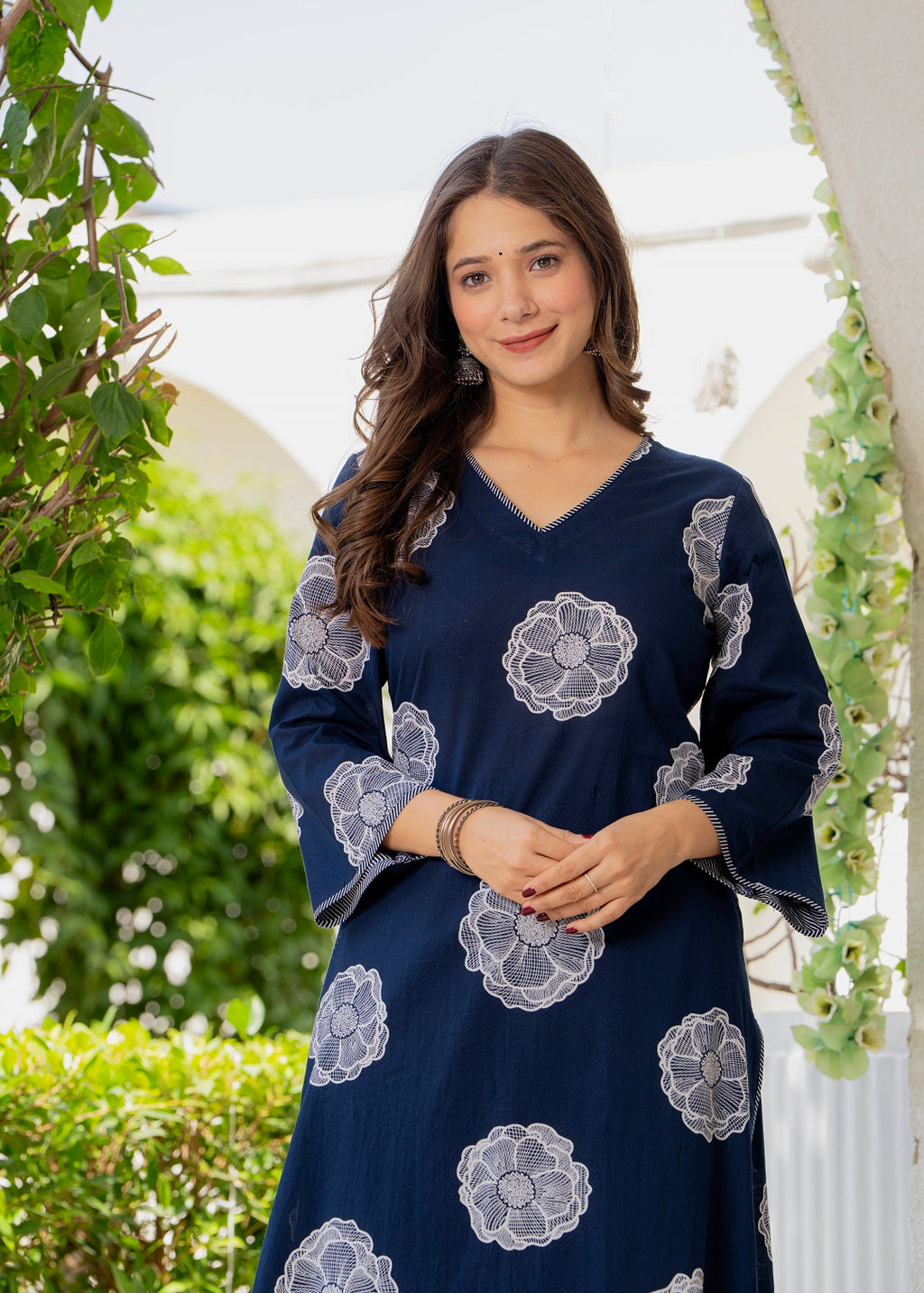Blue Floral Motif Cotton Kurta Palazzo Set
