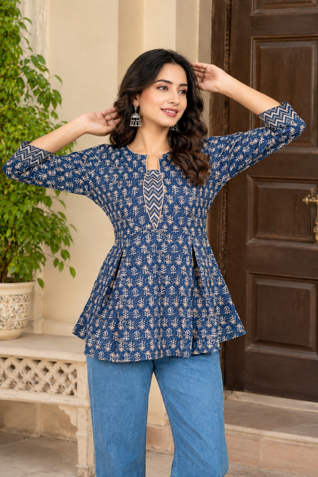 Blue Printed A-Line Short Kurti with 3/4 Sleeves