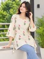 Floral Printed Cotton Tie-Up Kurti | Stylish 3/4 Sleeve Casual Top