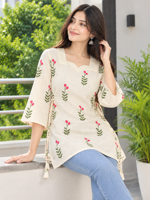 Floral Printed Cotton Tie-Up Kurti | Stylish 3/4 Sleeve Casual Top