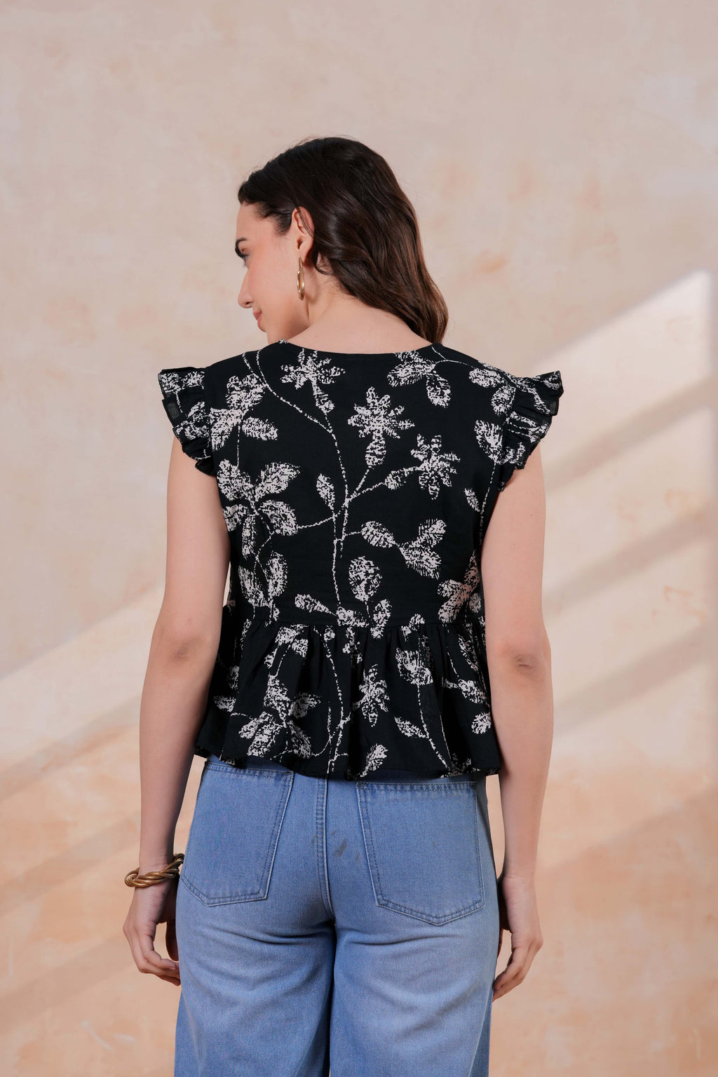 Black & White Printed Peplum Top with Ruffle Sleeves
