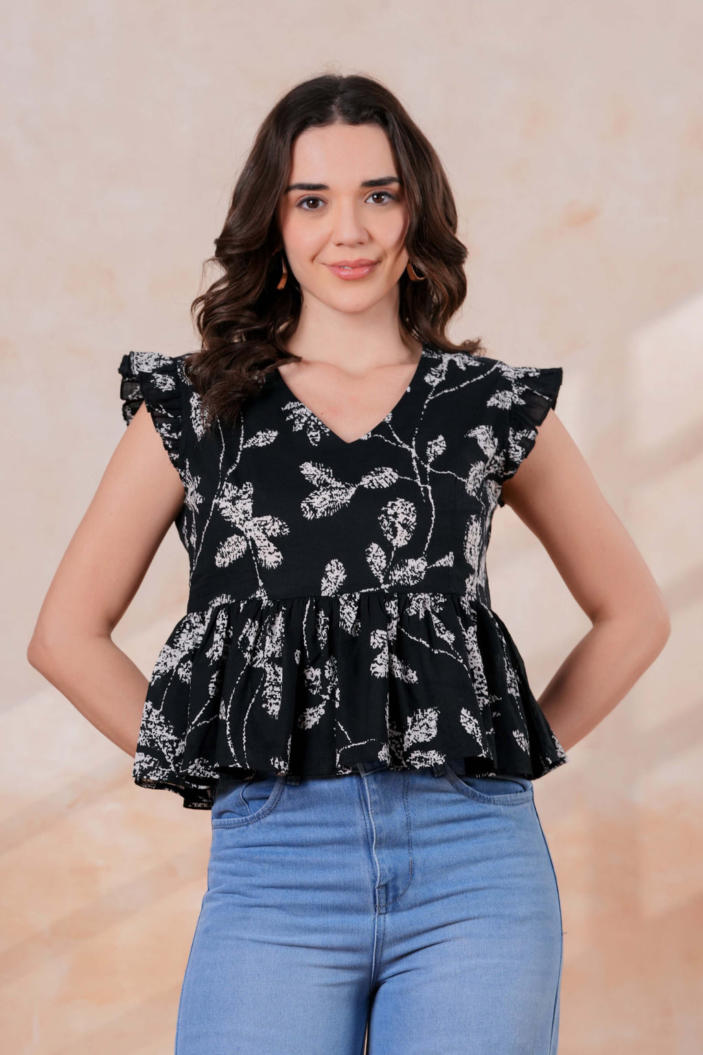 Black & White Printed Peplum Top with Ruffle Sleeves