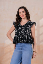 Black & White Printed Peplum Top with Ruffle Sleeves