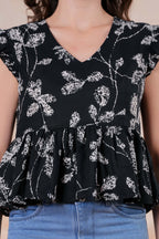 Black & White Printed Peplum Top with Ruffle Sleeves