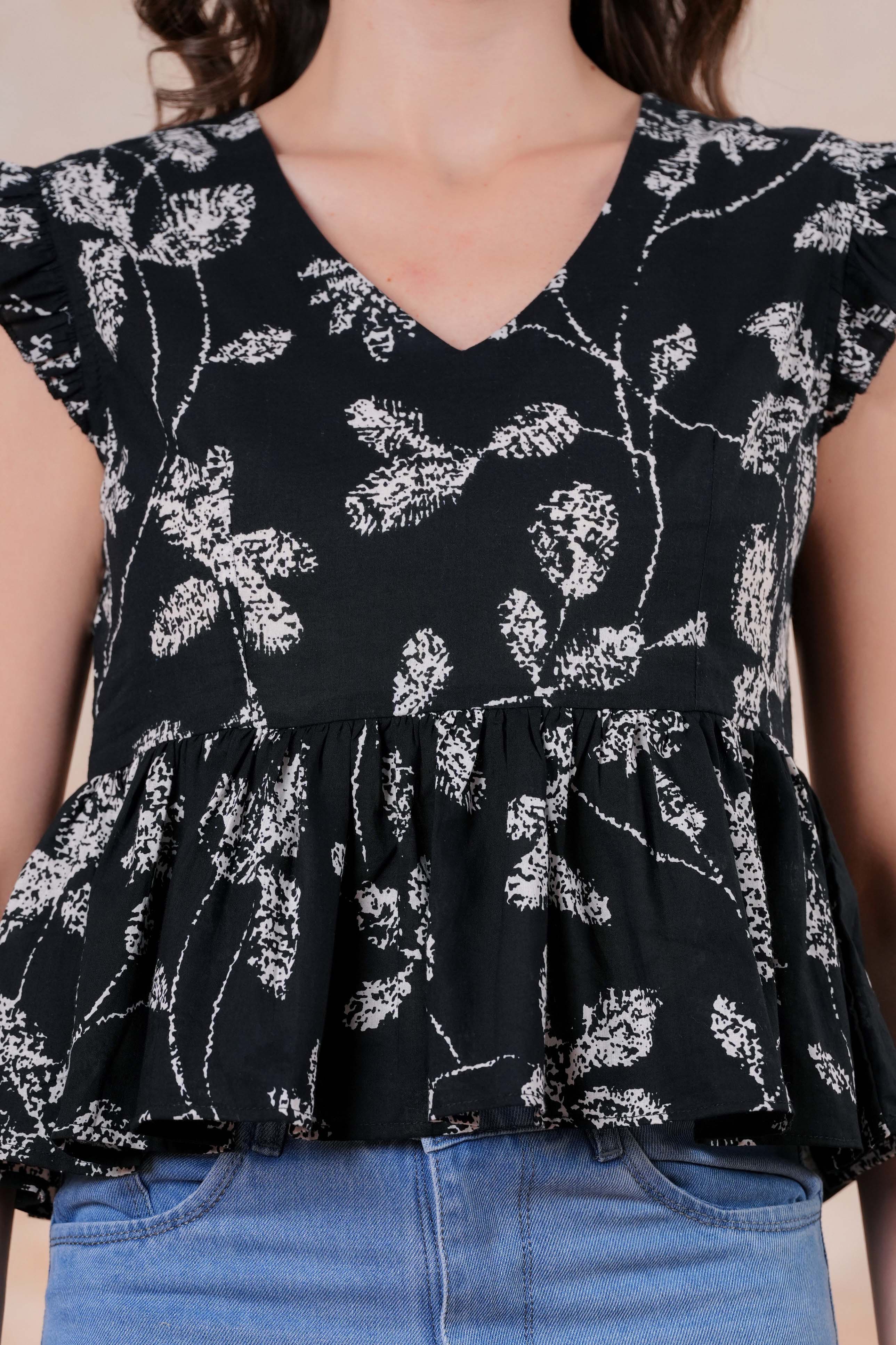 Black & White Printed Peplum Top with Ruffle Sleeves