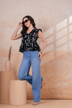 Black & White Printed Peplum Top with Ruffle Sleeves