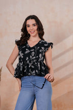 Black & White Printed Peplum Top with Ruffle Sleeves