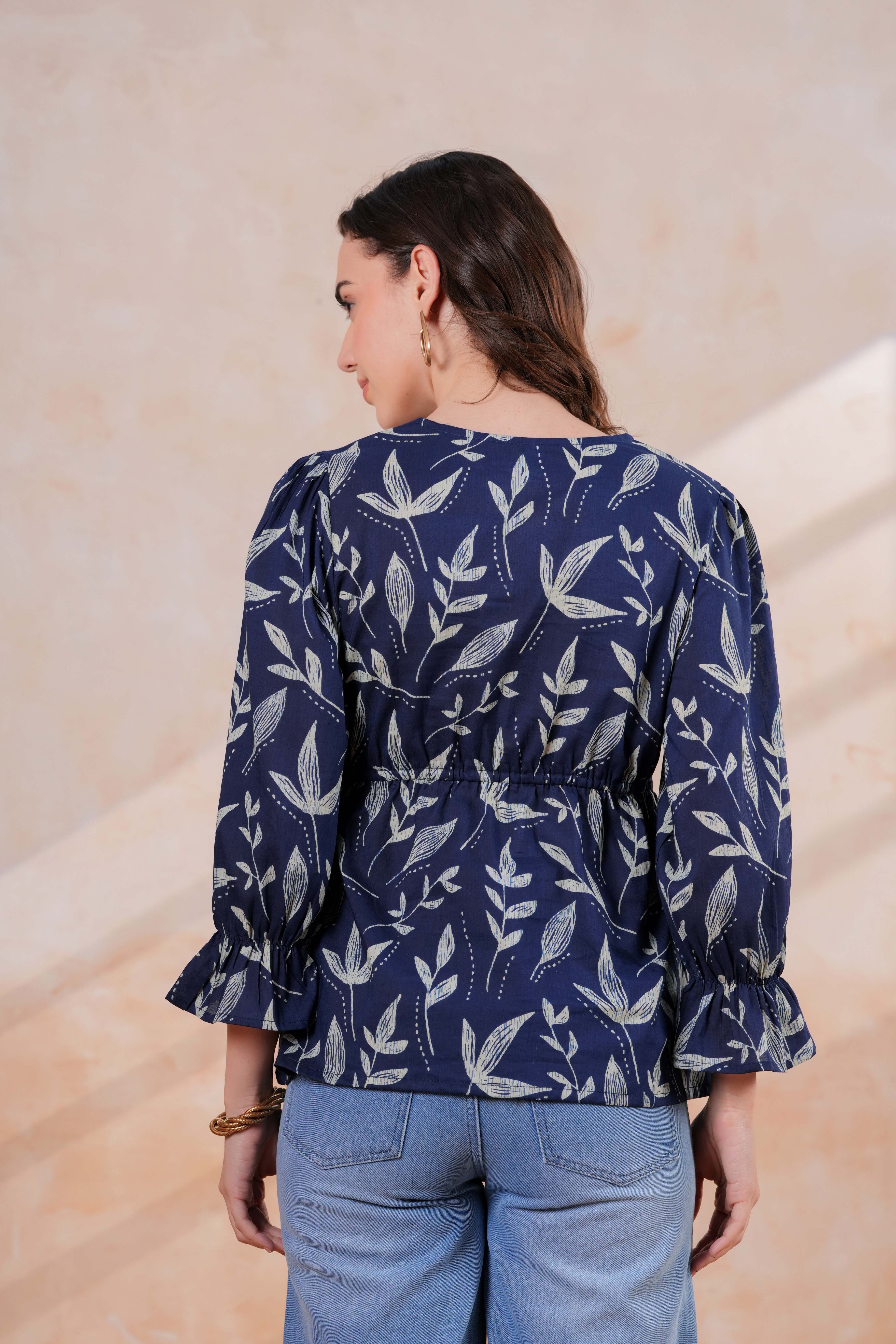 Navy Blue Printed Peplum Top with Full Sleeves