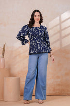 Navy Blue Printed Peplum Top with Full Sleeves