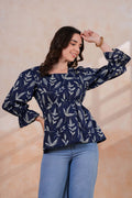 Women’s Navy Blue Printed Peplum Top with Full Sleeves