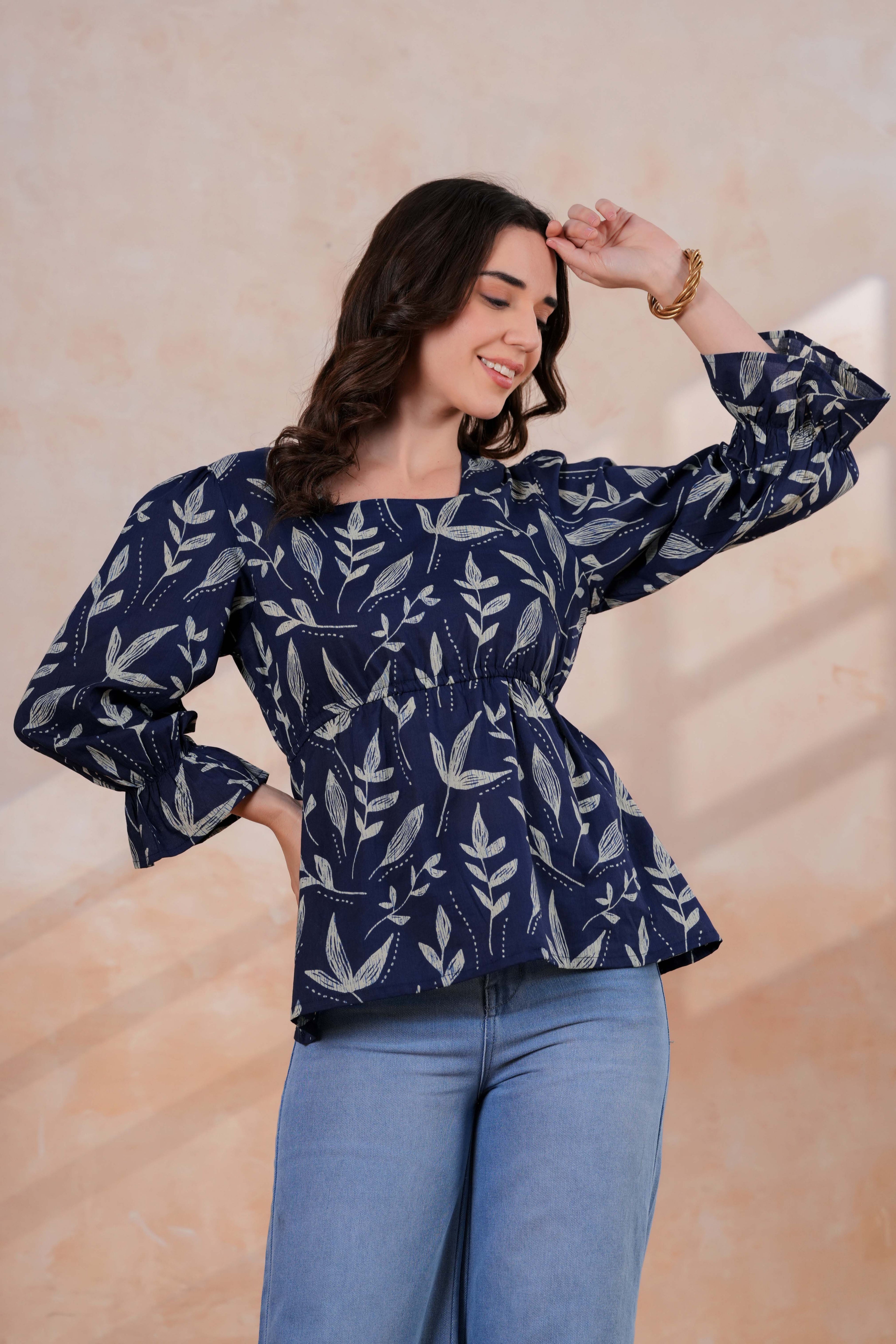 Navy Blue Printed Peplum Top with Full Sleeves