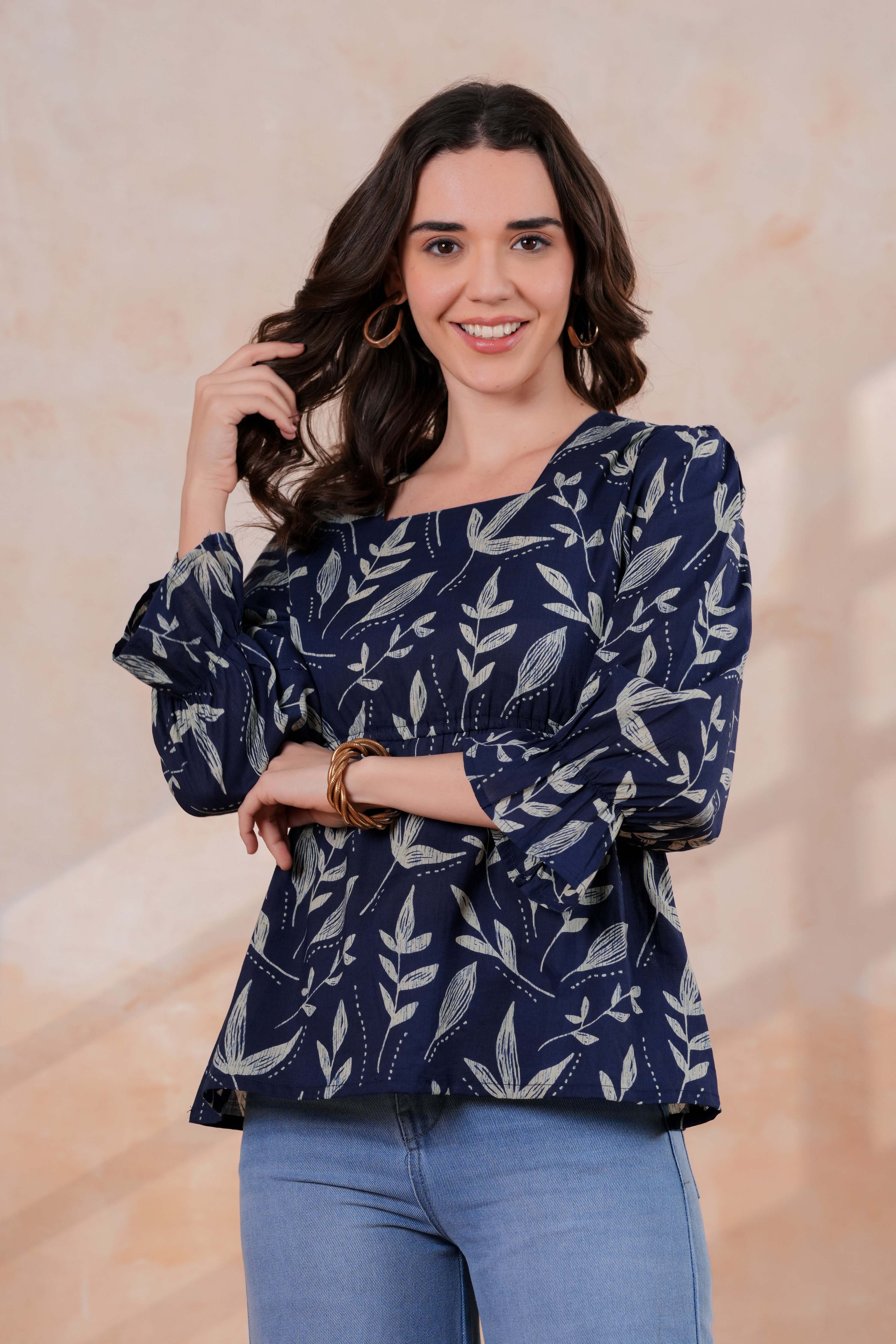 Navy Blue Printed Peplum Top with Full Sleeves