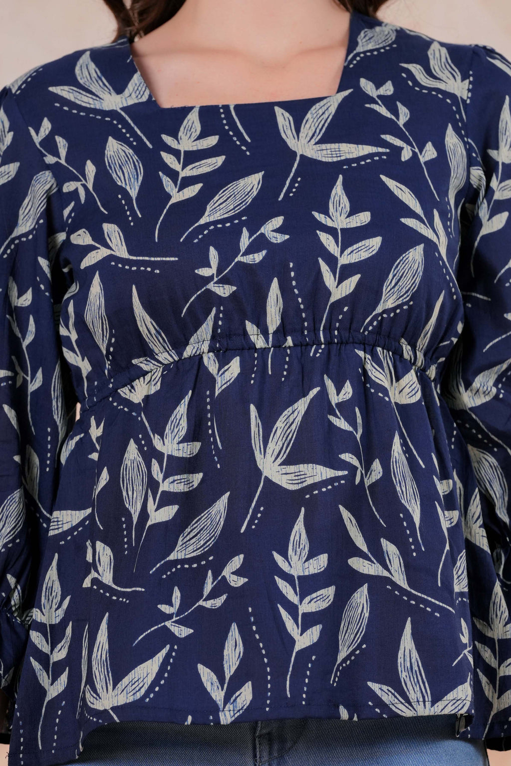 Navy Blue Printed Peplum Top with Full Sleeves