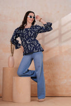 Navy Blue Printed Peplum Top with Full Sleeves