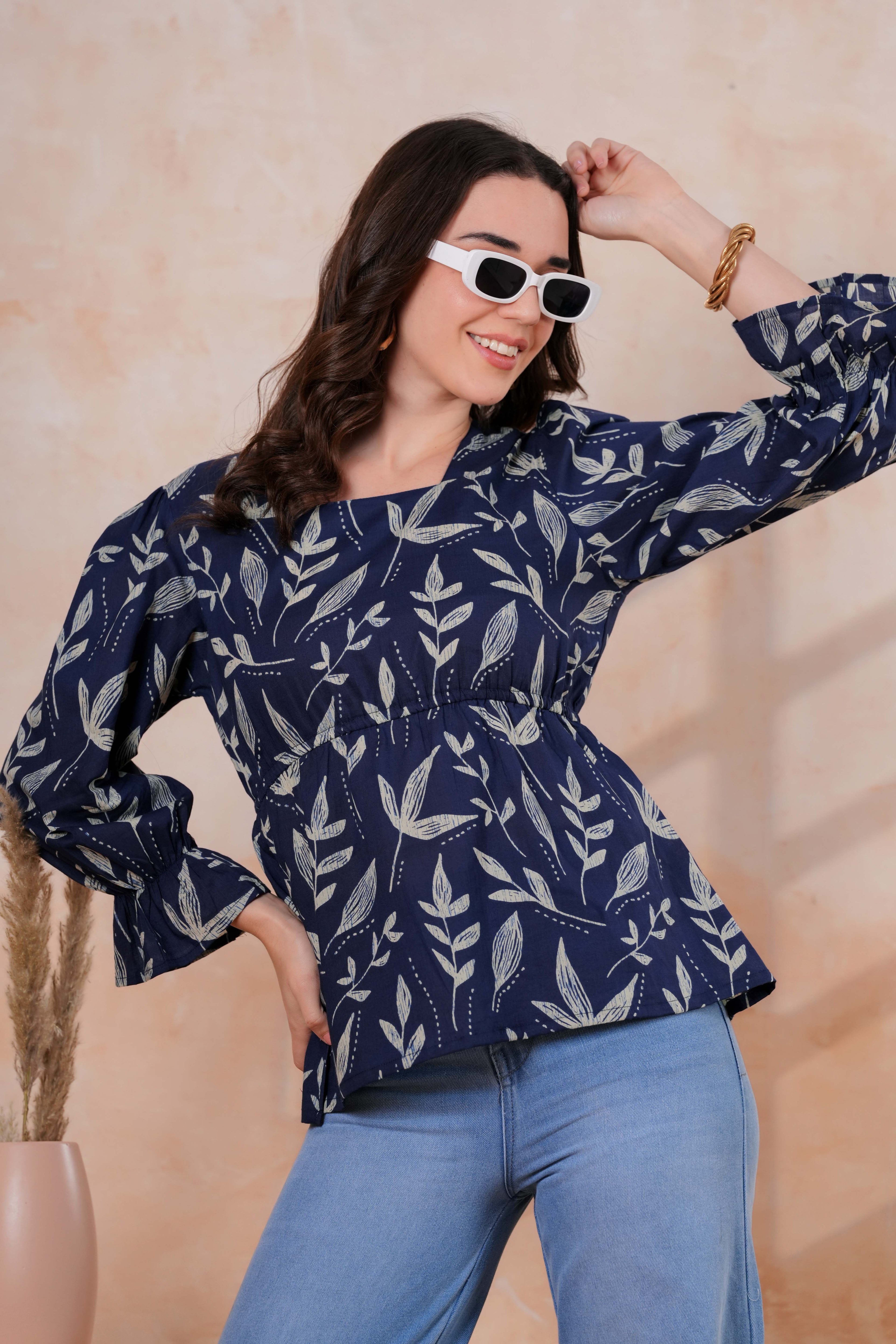 Navy Blue Printed Peplum Top with Full Sleeves