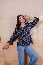 Navy Blue Printed Peplum Top with Full Sleeves