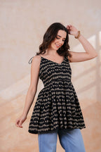 Women’s Black Printed Sleeveless Flared Peplum Top with Tie-Up Straps