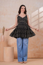 Women’s Black Printed Sleeveless Flared Peplum Top with Tie-Up Straps