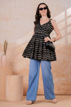 Women’s Black Printed Sleeveless Flared Peplum Top with Tie-Up Straps