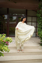 Ivory Floral Printed Cotton Kurta Pant Dupatta Set | Ethnic Suit Set