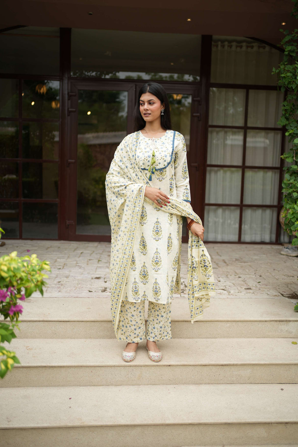 Ivory Floral Printed Cotton Kurta Pant Dupatta Set | Ethnic Suit Set