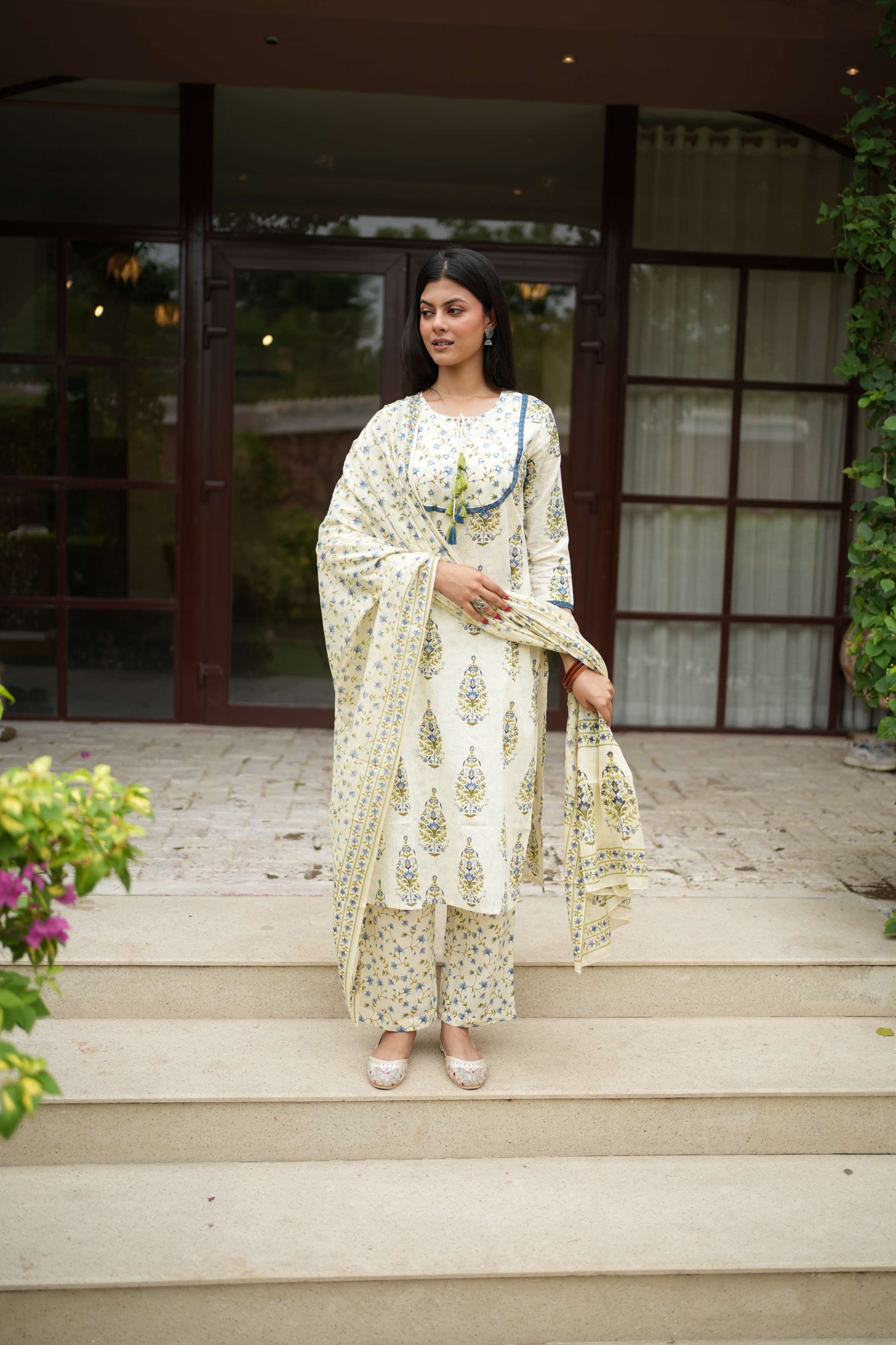 Ivory Floral Printed Cotton Kurta Pant Dupatta Set | Ethnic Suit Set