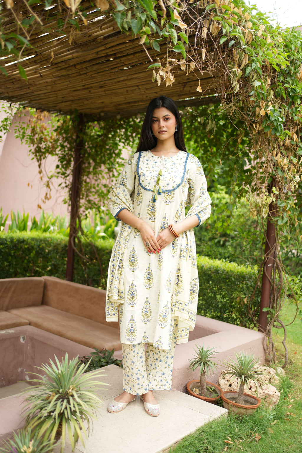 Ivory Floral Printed Cotton Kurta Pant Dupatta Set | Ethnic Suit Set
