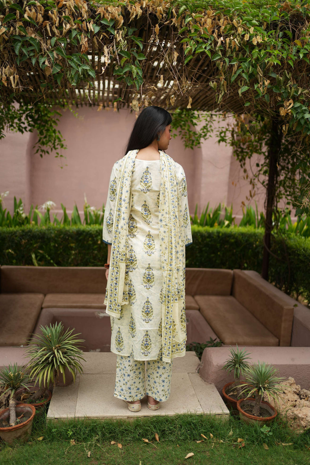 Ivory Floral Printed Cotton Kurta Pant Dupatta Set | Ethnic Suit Set