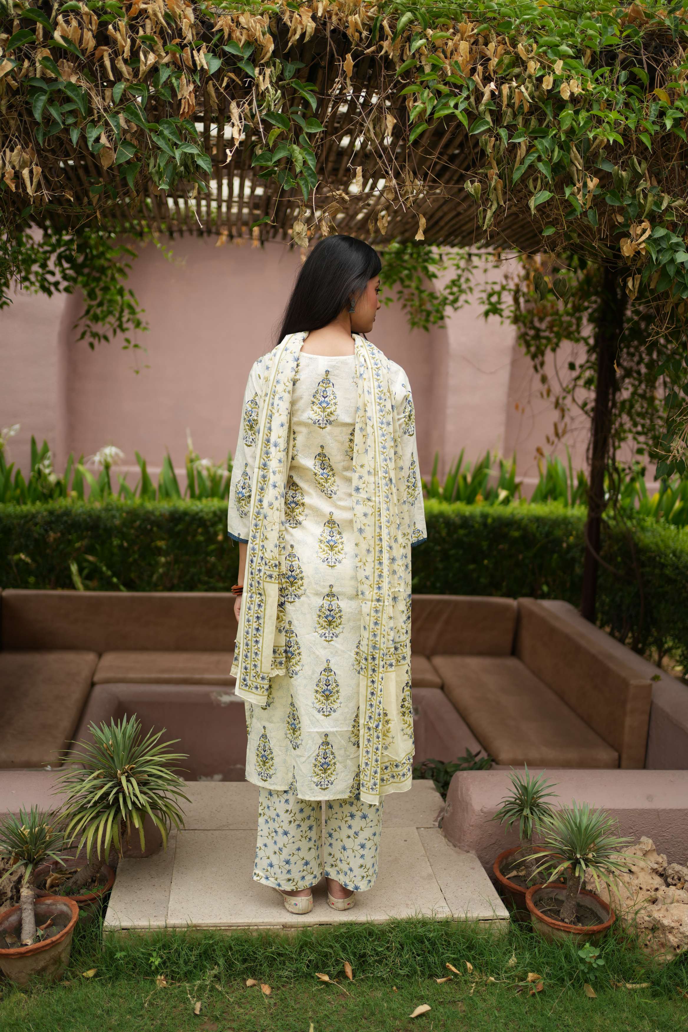 Ivory Floral Printed Cotton Kurta Pant Dupatta Set | Ethnic Suit Set