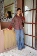 Rust & Navy Ethnic Printed Cotton Top | Mandarin Collar | Full Sleeves