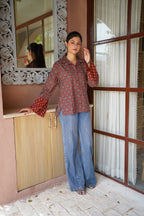 Rust & Navy Ethnic Printed Cotton Top | Mandarin Collar | Full Sleeves