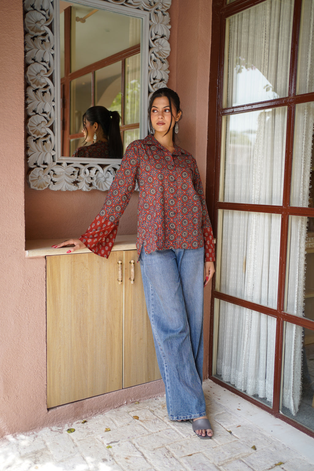 Rust & Navy Ethnic Printed Cotton Top | Mandarin Collar | Full Sleeves