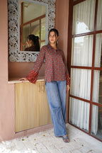 Rust & Navy Ethnic Printed Cotton Top | Mandarin Collar | Full Sleeves