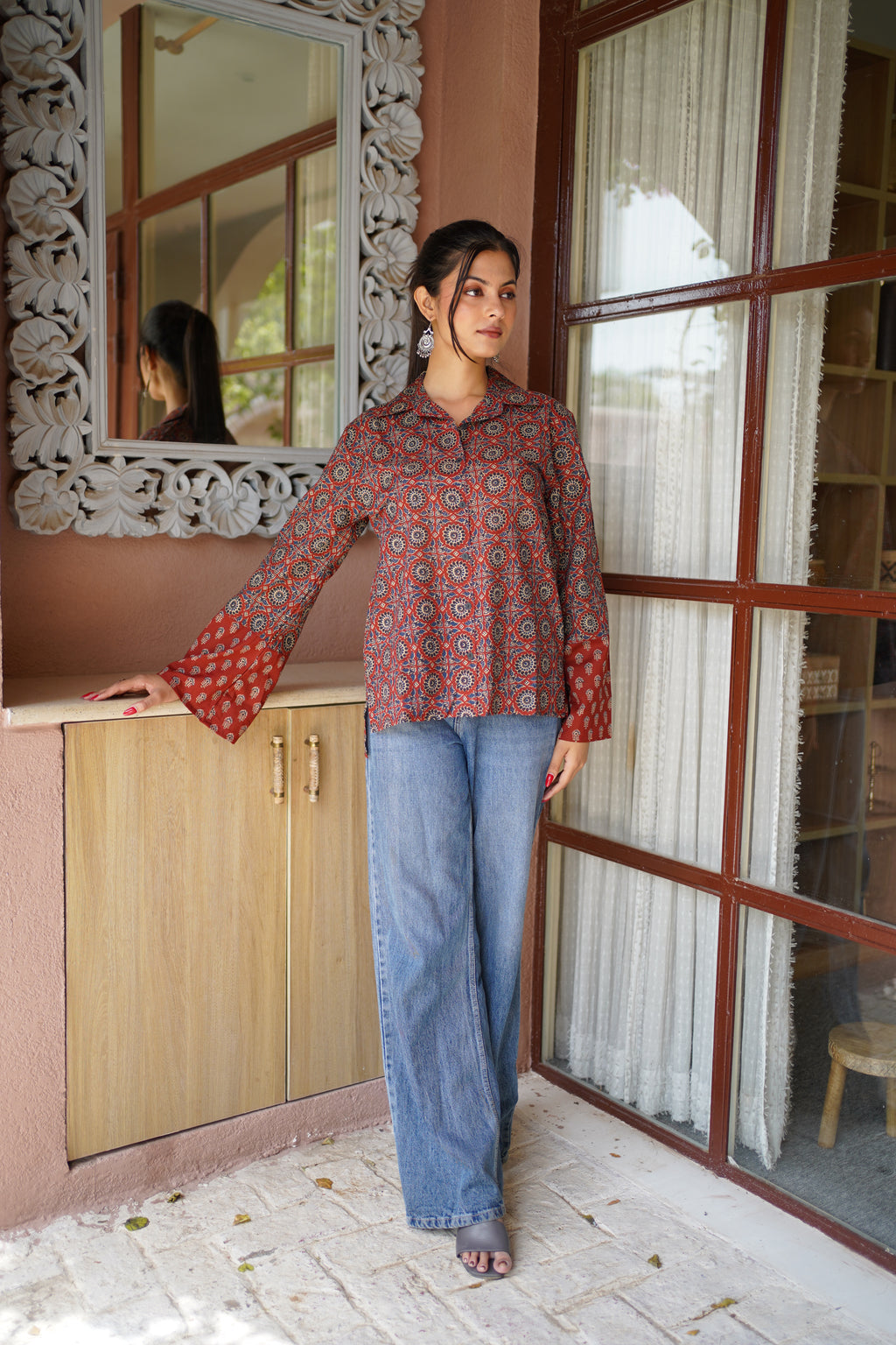 Rust & Navy Ethnic Printed Cotton Top | Mandarin Collar | Full Sleeves