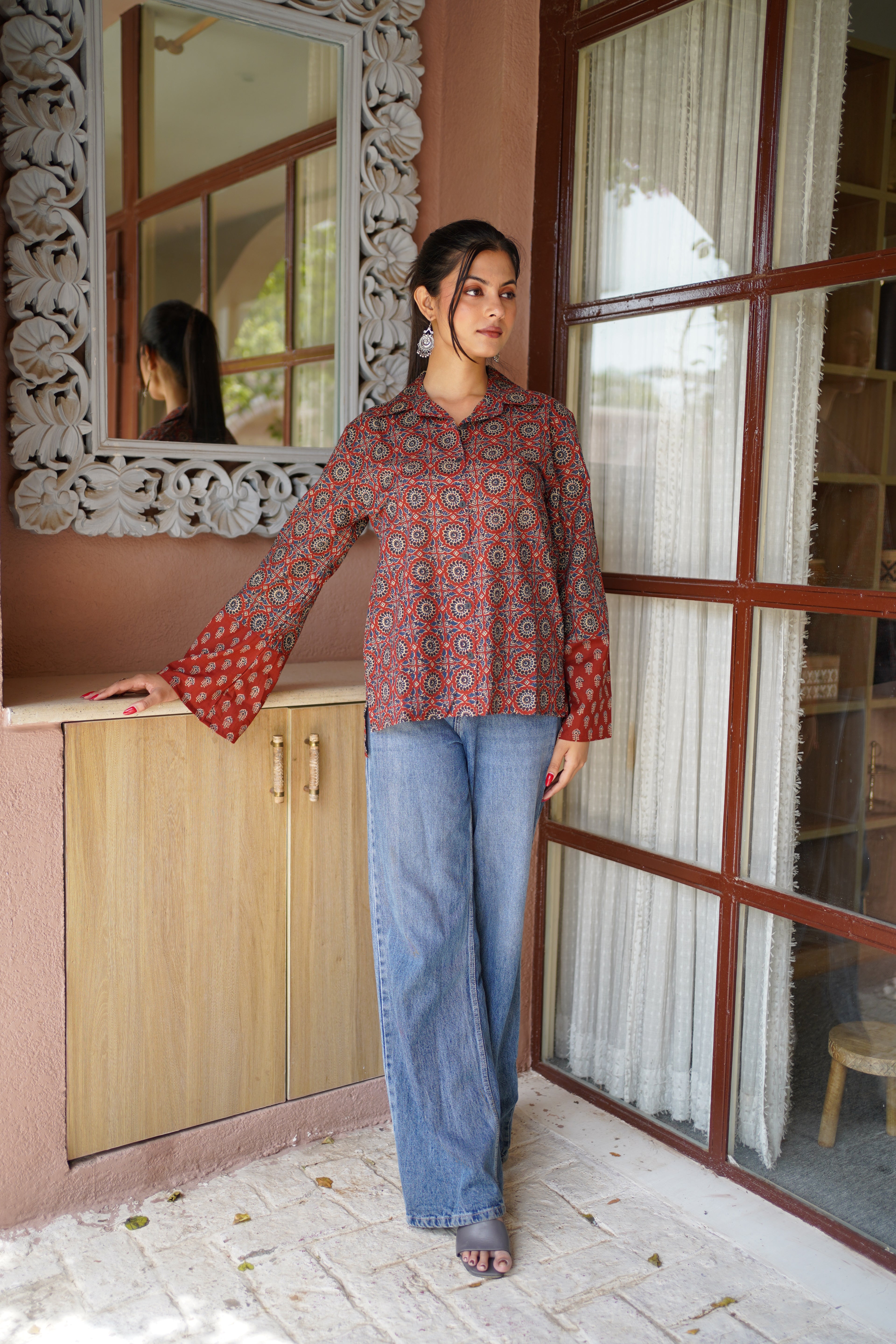Rust & Navy Ethnic Printed Cotton Top | Mandarin Collar | Full Sleeves