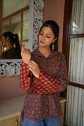 Rust & Navy Ethnic Printed Cotton Top | Mandarin Collar | Full Sleeves