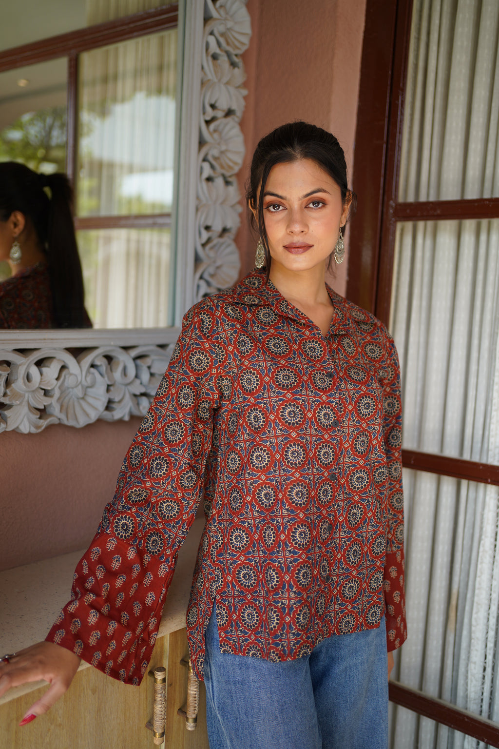 Rust & Navy Ethnic Printed Cotton Top | Mandarin Collar | Full Sleeves