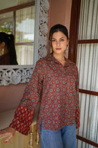 Rust & Navy Ethnic Printed Cotton Top | Mandarin Collar | Full Sleeves