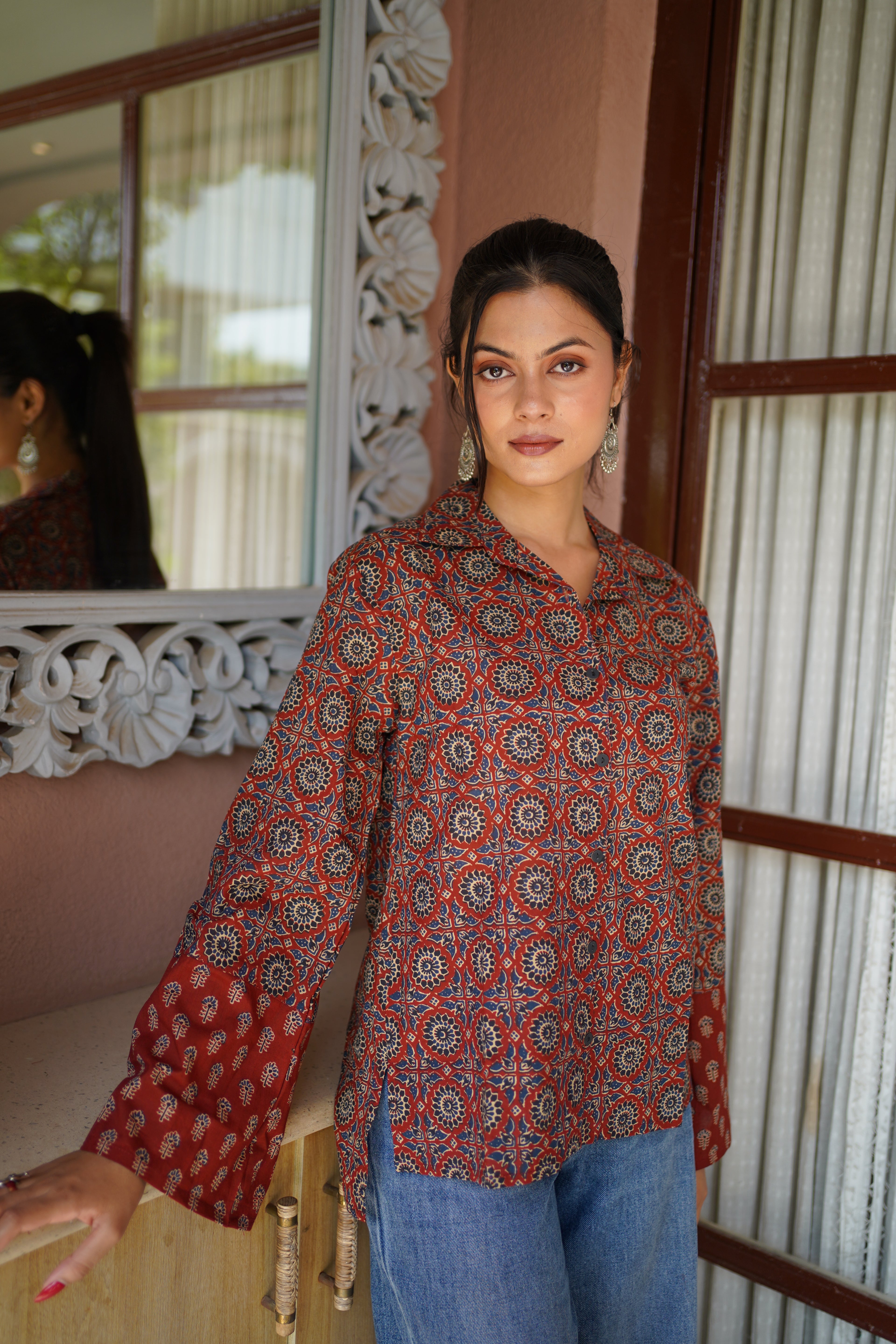 Rust & Navy Ethnic Printed Cotton Top | Mandarin Collar | Full Sleeves