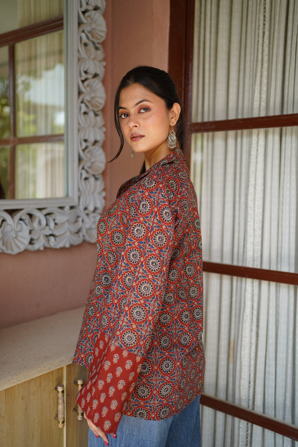 Rust & Navy Ethnic Printed Cotton Top | Mandarin Collar | Full Sleeves