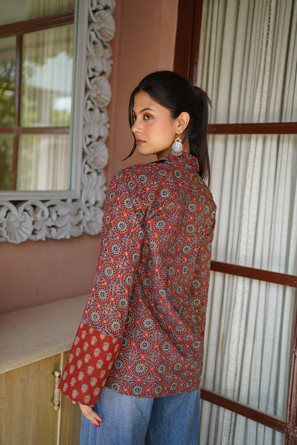 Rust & Navy Ethnic Printed Cotton Top | Mandarin Collar | Full Sleeves