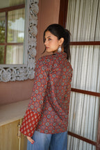 Rust & Navy Ethnic Printed Cotton Top | Mandarin Collar | Full Sleeves